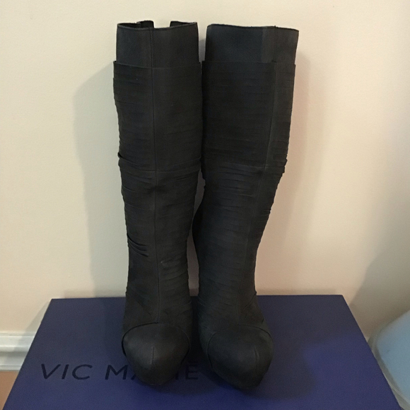 Vic Matie Italian Designer Womens Fumo Grey Leather Knee Length High Heel Boots - Picture 2 of 5